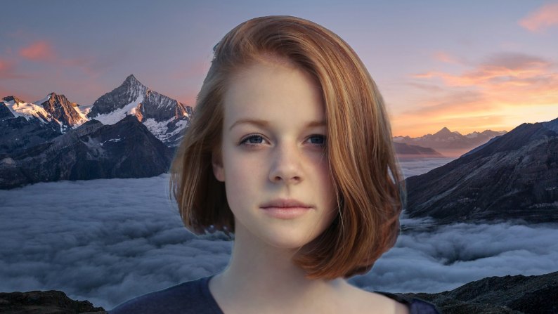 Replaced background: mountains at sunset