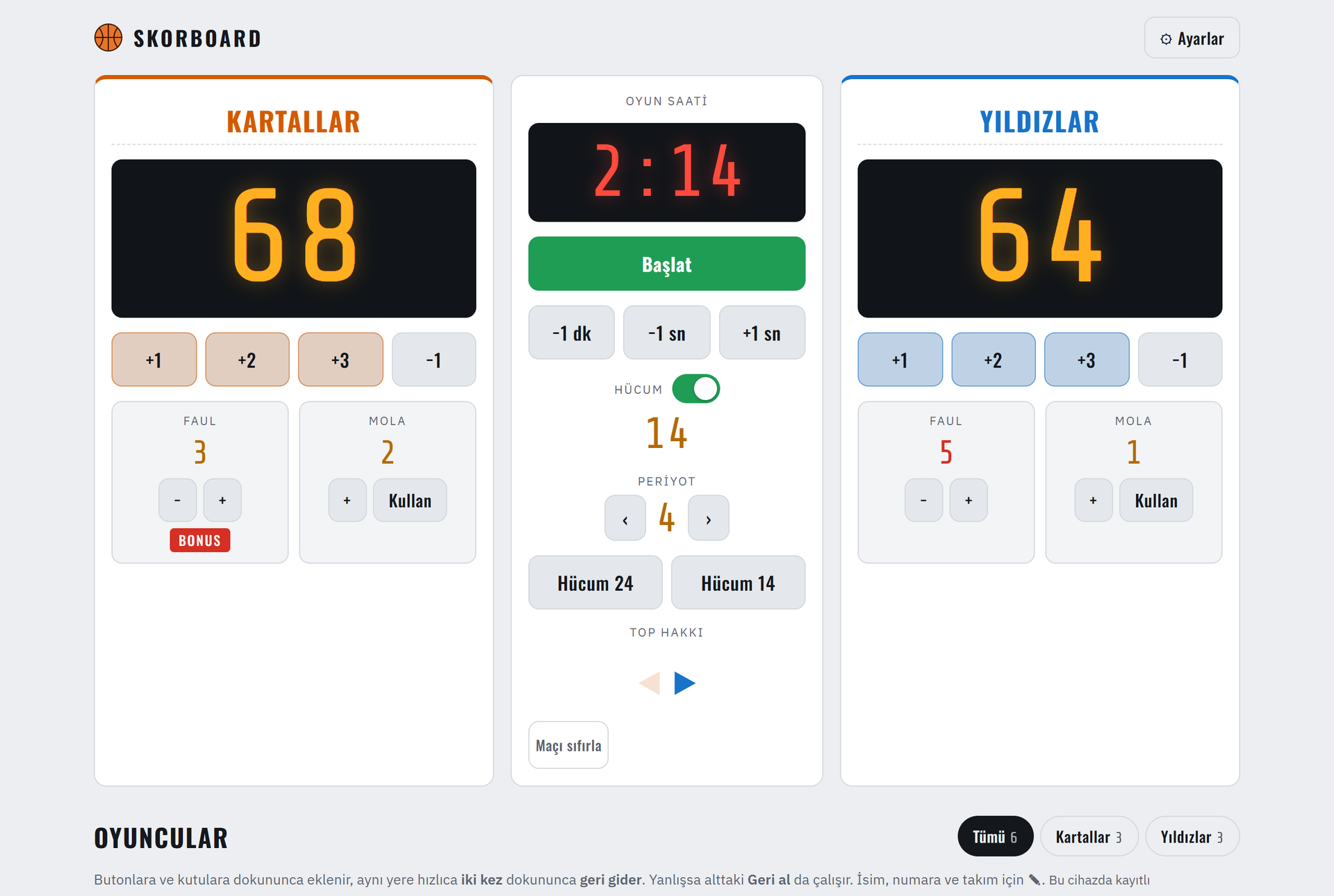 Aydınlık temada aynı skorbord