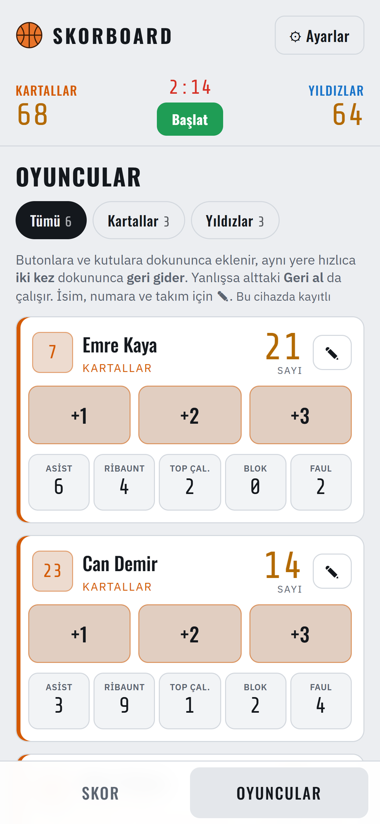 Aydınlık temada oyuncular