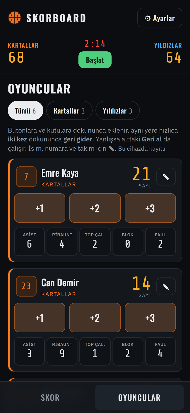 Telefonda oyuncu istatistikleri