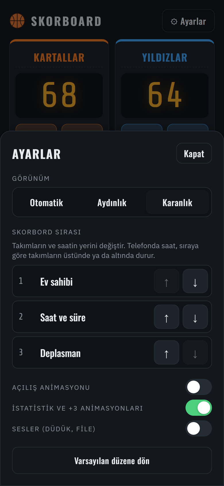 Ayarlar paneli
